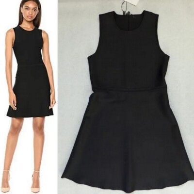 NWT THEORY Black Glossed Ponte Knit Flared Sleeveless Dress LARGE $365