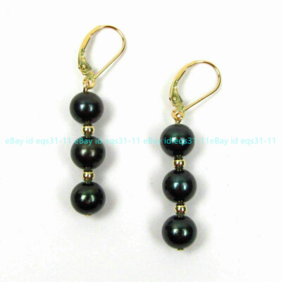 Real 9-10mm Natural South Sea Peacock Black Pearl Dangle Earrings 