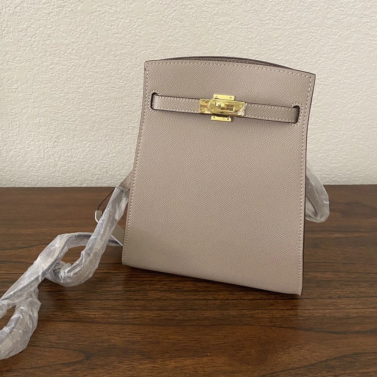 Etoupe Tan Epsom Leather Mini Sport Bag Belted Front Structured Tall Crossbody