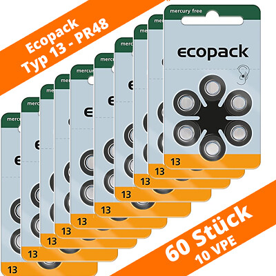 60 x VARTA Ecopack Hörgerätebatterien Typ 13 PR48 ZL2 Orange 1,45 V Hearing 