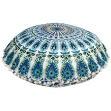 Blue Mandala Round Floor Pillow Peacock Printed Floor Seating Ottoman Home Décor