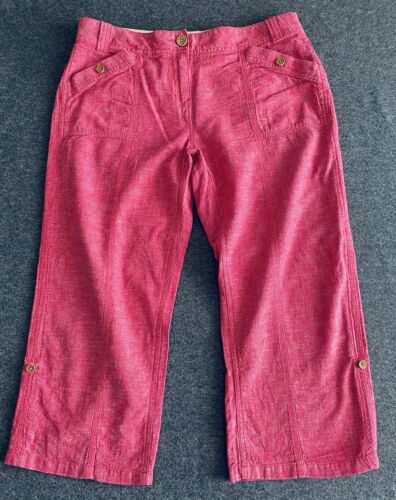 Miscela lino mantaray tagliata 3/4 pantaloni rosa uk 12 tasche w32"" l22"" gamba larga - Foto 1 di 13