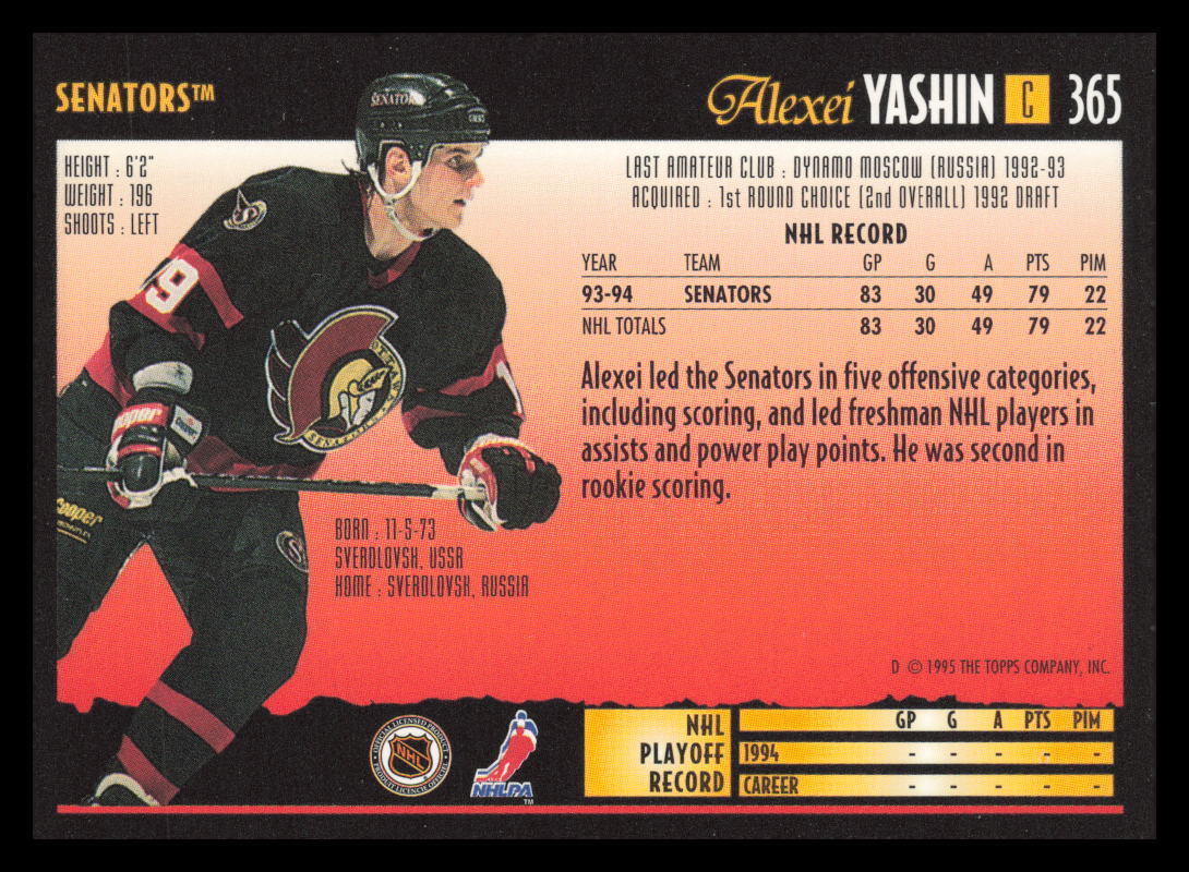 1994-95 Topps Premier #365 Alexei Yashin Ottawa Senators Hockey