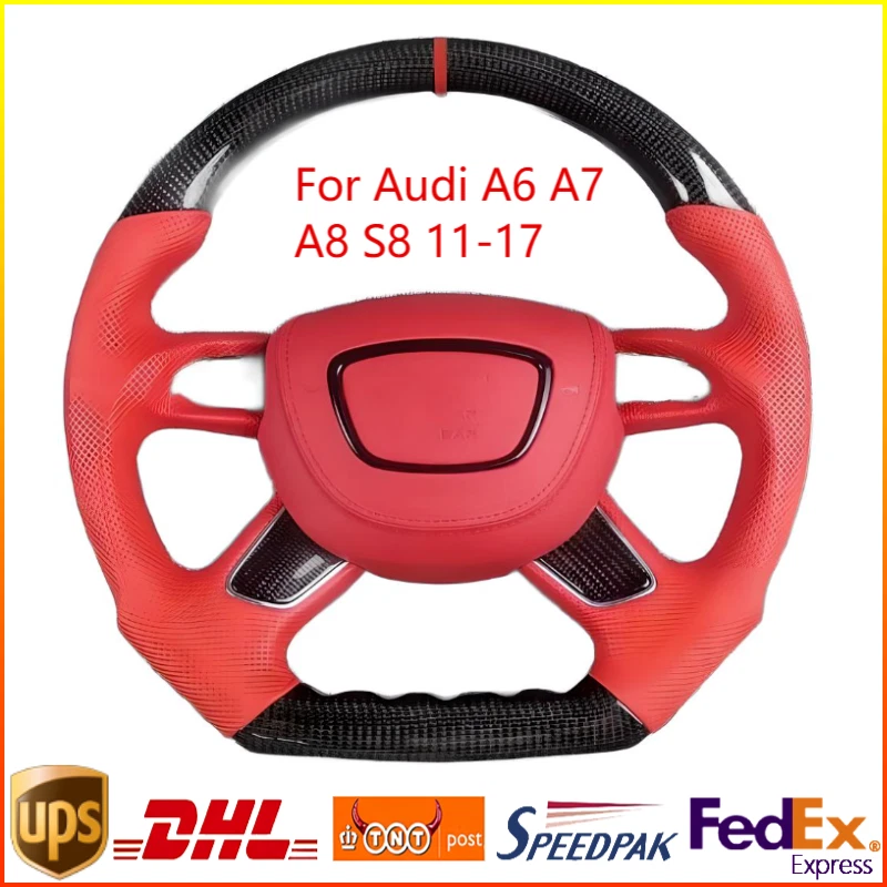 For Audi A6 A7 A8 S8 11-17 Steering Wheel Frame Heated+RED Leather+Carbon Fiber - Изображение 2 из 4