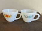 Vintage MCM Fire King Milk Glass Bonnie Blue & Red Carnation Flower Tea Cups