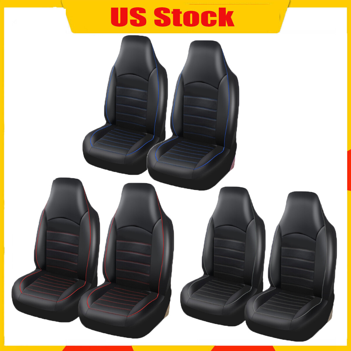2 Seats Car Front Seat Covers Set PU Leather Black For High Back Bucket