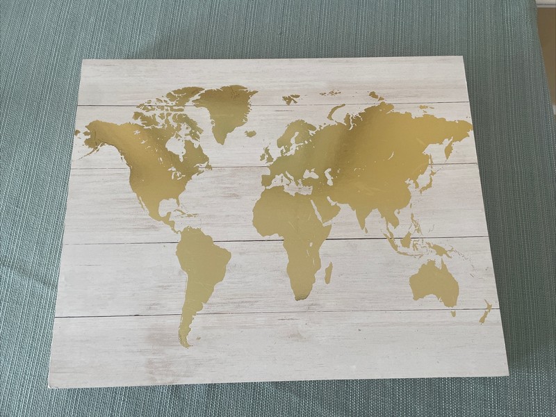 GOLDEN Map of the World on Wood w/Hooks For Hanging on Wall - About 16” X 20”