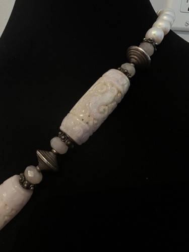 Gorgeous Openwork Carved Barrel Bead Jade & Pearl Necklace Sterling - Bild 5 von 9