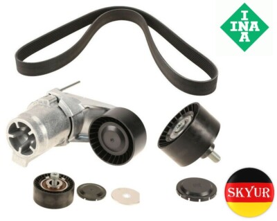 Engine Drive Belt With Belt Tensioner Assembly and 2 Idler Pulleys Set For BMW