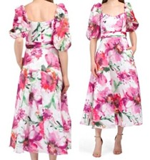 Theia Puff Sleeve Sweetheart-Neck Floral Print Organza Tea Length Dress  4  $695