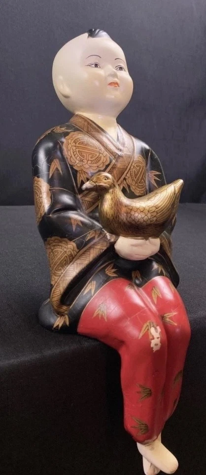 Japanese Vintage Sitting Boy Figurine with Bird – Hand Painted Kimono Robe 12” - Image 3 of 4