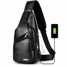 Black Chest Crossbody Bag Sling Backpack for Men with USB Charge Port