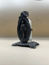 Vintage Metal Miraculous Medal Holy Water Bottle Holder with Glass Bottle