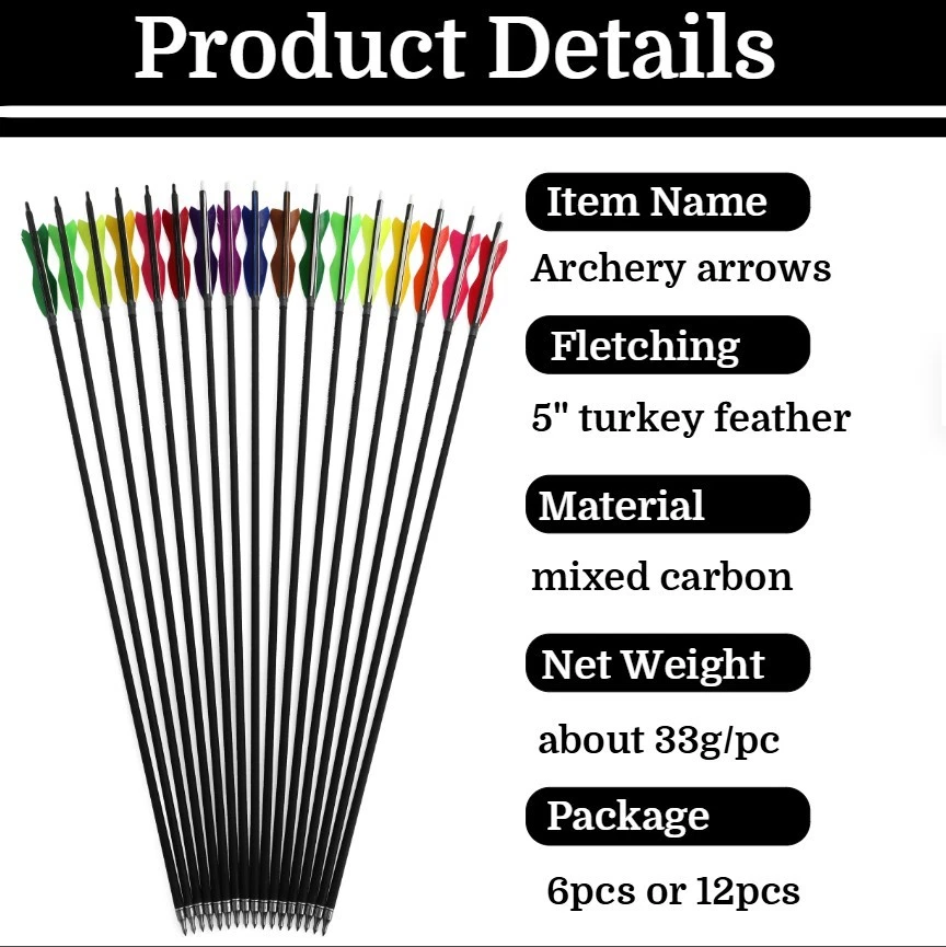 30" Carbon Arrows SP500 Turkey Feathers Archery Recurve Longbow Hunting Target - Image 3 of 4