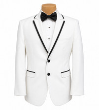 Men's Jean Yves White Tuxedo Jacket Two Button Front with Black Trim Size 35R