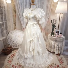 Vintage Lace Satin Wedding Dresses with Bows Puff Sleeves Tulle Bridal Gowns