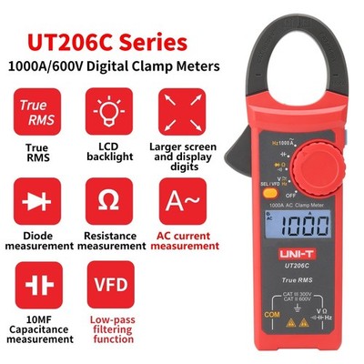 UNI-T UT206C TRMS Multimeter Digtal Clamp Meter 1KA AC/DC VFD Voltage Cap Tester