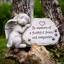 Angelic Dog Memorial Statue - Sleeping Dog Figurine, Outdoor Grave Marker, Sy...