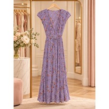 Reformation Carina Purple Floral Wrap Midi Dress Cap Sleeve Tie Waist XS Romanti