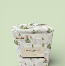 Laura Ashley Queen Percale Sheet Set 100 Cotton Winter Wonderland Green Trees
