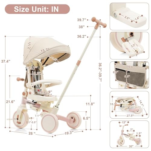7 in 1 Baby Tricycle Toddler Trike Collapsible Frame Lightweight Kid Rider 