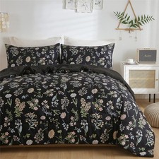 Floral Comforter Set King Size, Yellow Green Botanical Flower Leaves Printed Bla