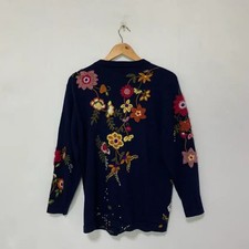 Japanese Vintage Navy Flower Embroidery Button Cardigan