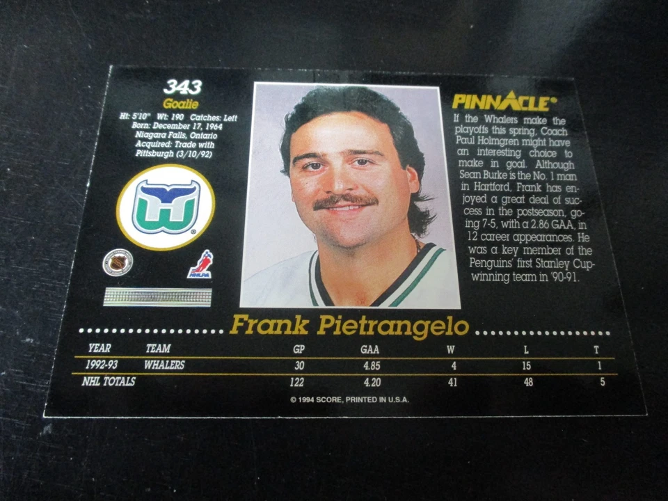 frank pietrangelo  (hartford whalers - g)   1993/94  pinnacle  card #343 nr/mint - Image 2 of 2