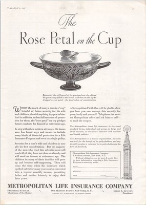 Metropolitan Life Insurance 1937 Vintage Print Ad Rose Petal Cup