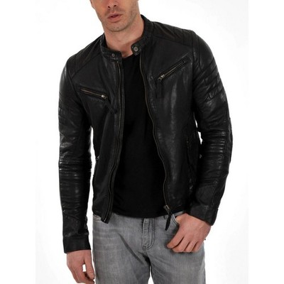 Genuine Sheepskin Leather Jacket For Men's Black Biker Motorcycle Coat Jacket