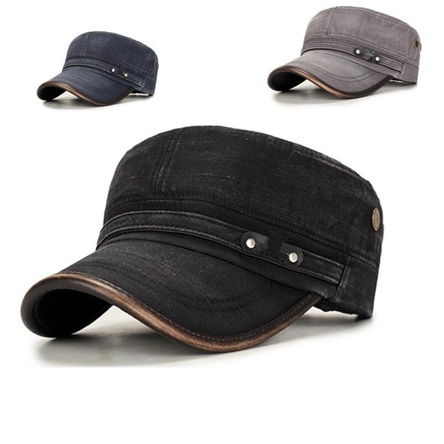 Mens Womens Military Army Leather Cap Sailor Combat Vintage Casual Flat Top Hats