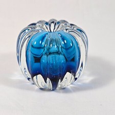 Clear with Blue Inner Pumpkin Art Glass Paperweight Ribbed Sides Decoration