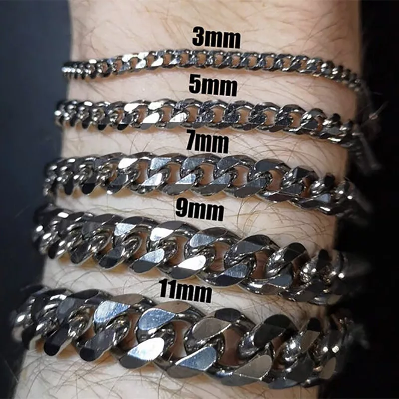 Mens Womens 3/5/7/9/11MM Cuban Curb Bracelet Chain Stainless Steel  Multi-sizes