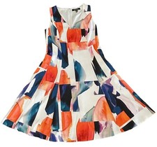 Ellen Tracy Summer Dress 4 Fit Flare  Pretty Orange Colorblock Print  Party Midi