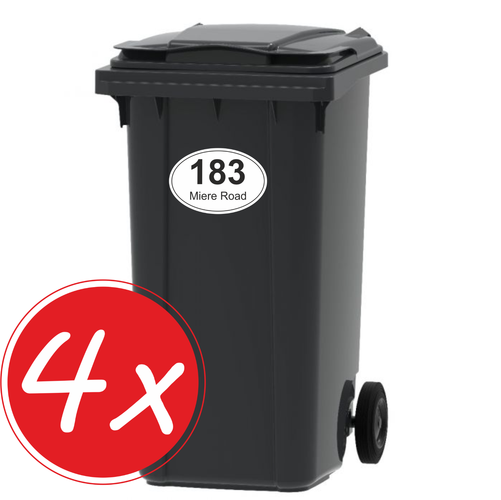 4 x WHEELIE BIN NUMBERS CUSTOM VINYL STICKERS WITH STREET/ROAD/HOUSE