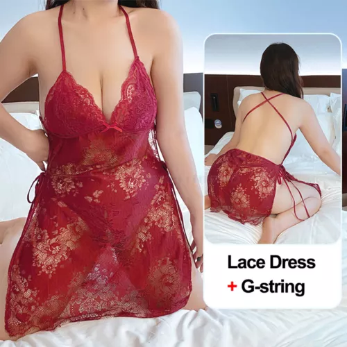 Dessous-Speghetti-Nachtwäsche-Sexy-Damen-Schlafanzug-Spitze-Babydoll-Nachtwäsche M-2XL - Bild 22 von 65
