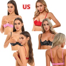 Womens Wetlook Bra Top PU Leather Wire Free Bustier Bralette Crop Tops Underwire