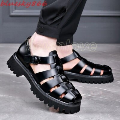 Men's Retro Leather Roman Sandals Buckle Strap Platform Shoes
