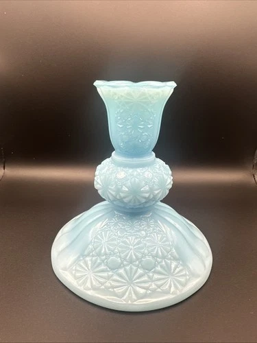 Fenton Vintage Blue Milk Glass Daisy Button Taper Candlestick Holder 5” H