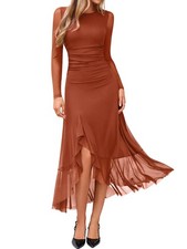 Elegant Women's Long Sleeve Mesh Midi Dress for Fall Weddings & Events