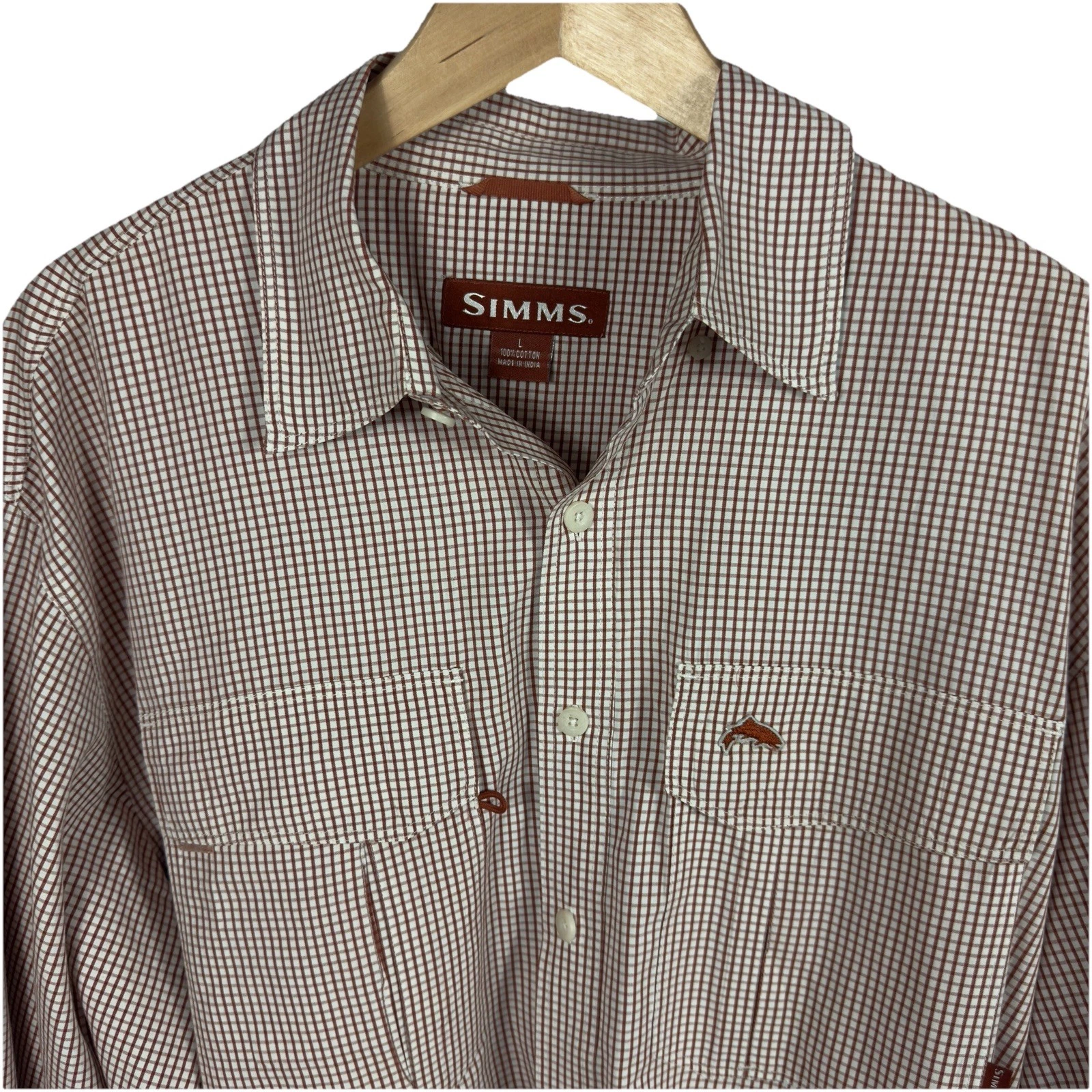 Simms Men’s Large Button Up Fishing Shirt Red White Check 100% Cotton Outdoor
