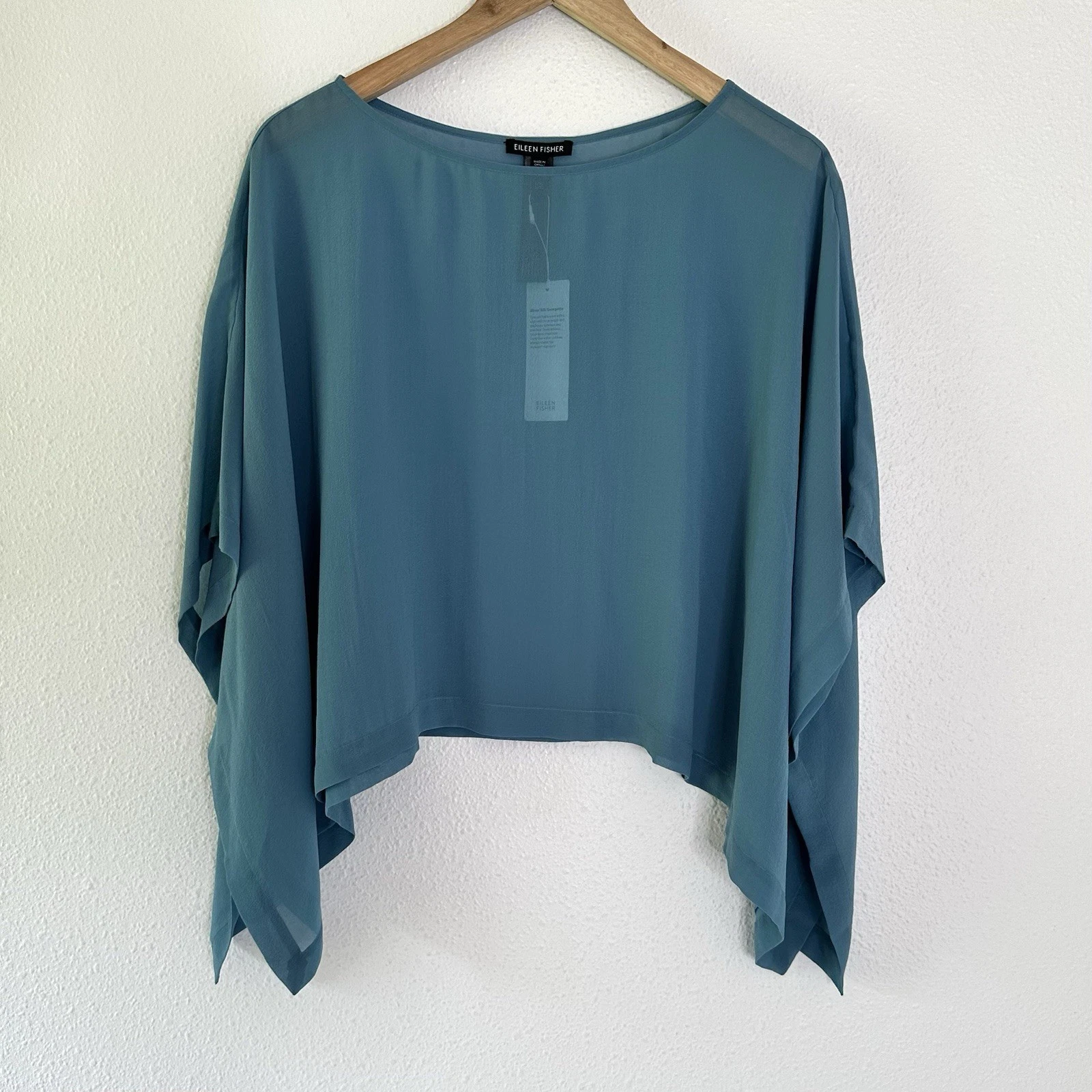 Eileen Fisher Womens Poncho Top L/XL Bateau Neck Sheer Silk Crop River Blue $178