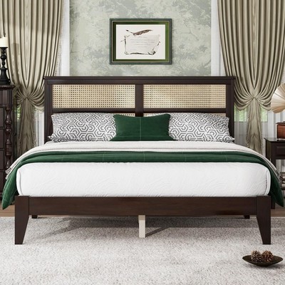 Queen Wood Platform Bed Rattan Headboard Underbed Storage No Box Spring Espresso