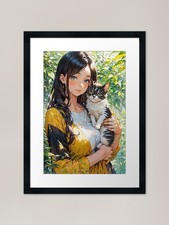 Manga girl in garden with cat Frame Framed Wall Art Poster Canvas Print Picture