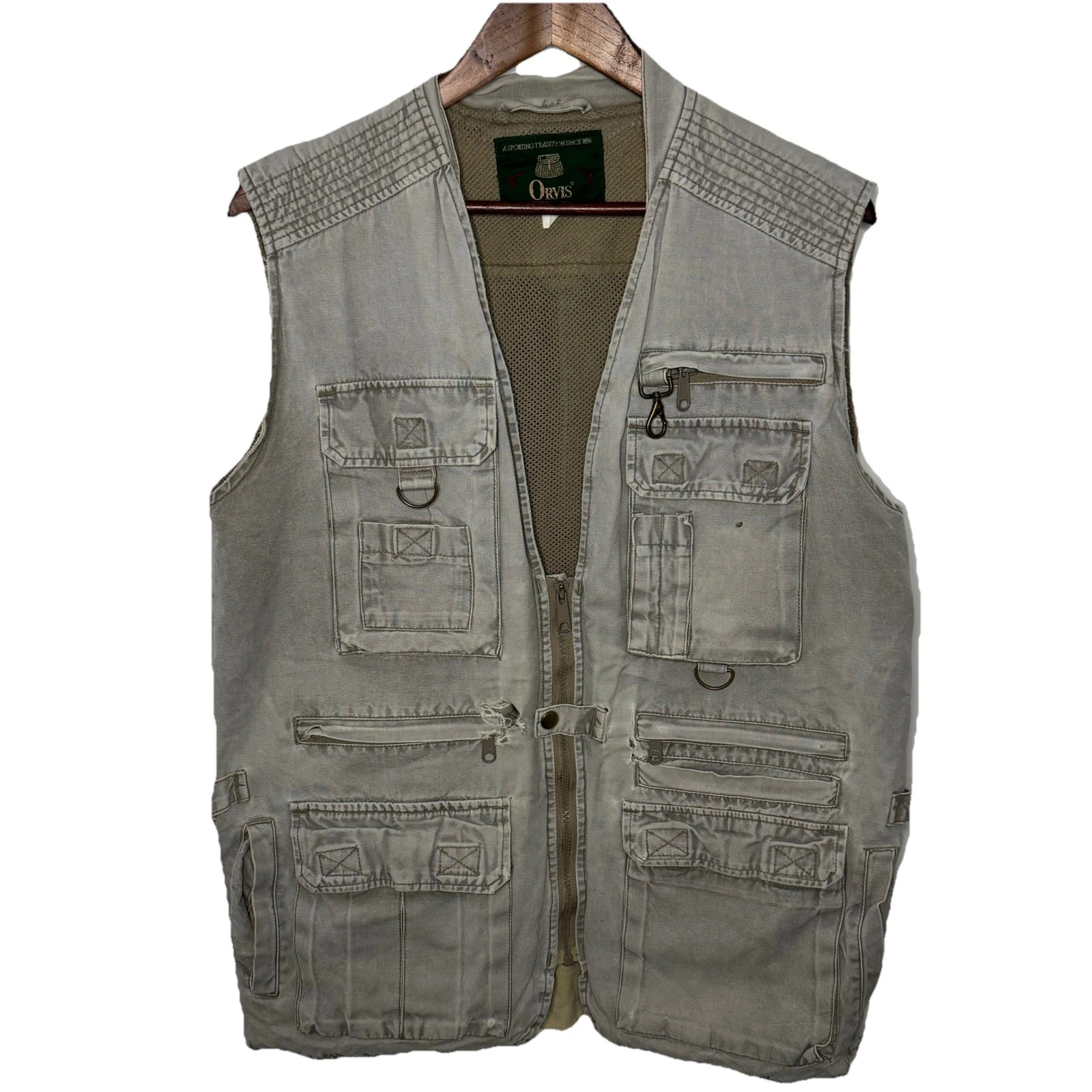 Orvis Vest Khaki Fishing Safari Utility Field Multi Pocket Mesh Lined Size M
