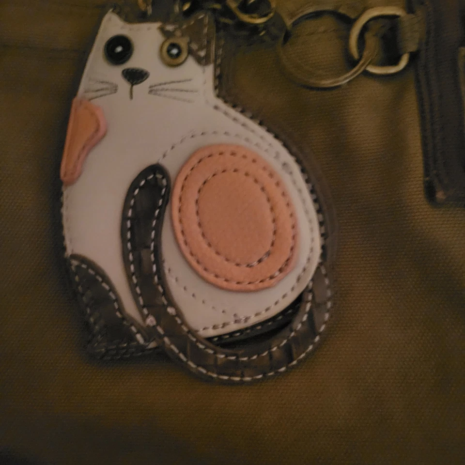 Chala Purse Handbag Brown Canvas Crossbody with Key Chain Tote Bag Kitty Cat - Image 2 of 4