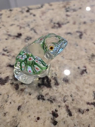 Vintage Millefiori Art Glass Frog Figurine Paperweight - Green & White Murano St
