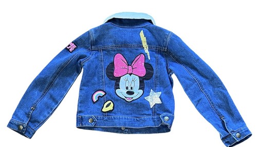 Disney Minnie Mouse Patches Snap Front Sherpa Blue Denim Jean Jacket Size 5/6 - Picture 2 of 6