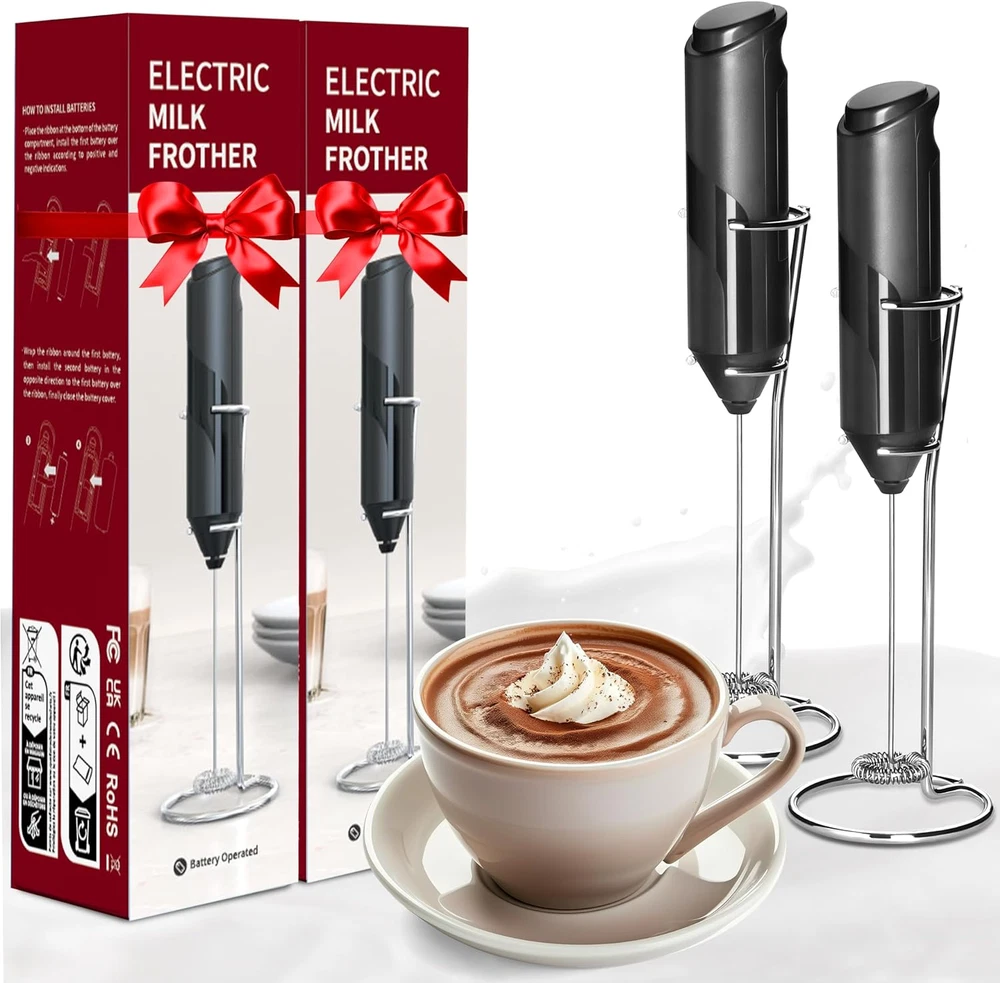 Milk Frother Handheld, Battery Operated, Whisk Maker, w/ Stainless Steel Stand
