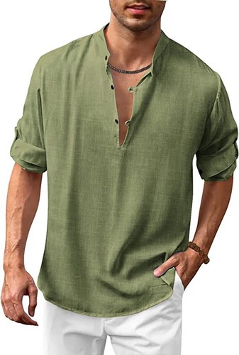 Camiseta Henley de manga larga para hombre Camisa informal de lino de algodón Camisas hippies de playa - Imagen 8 de 31